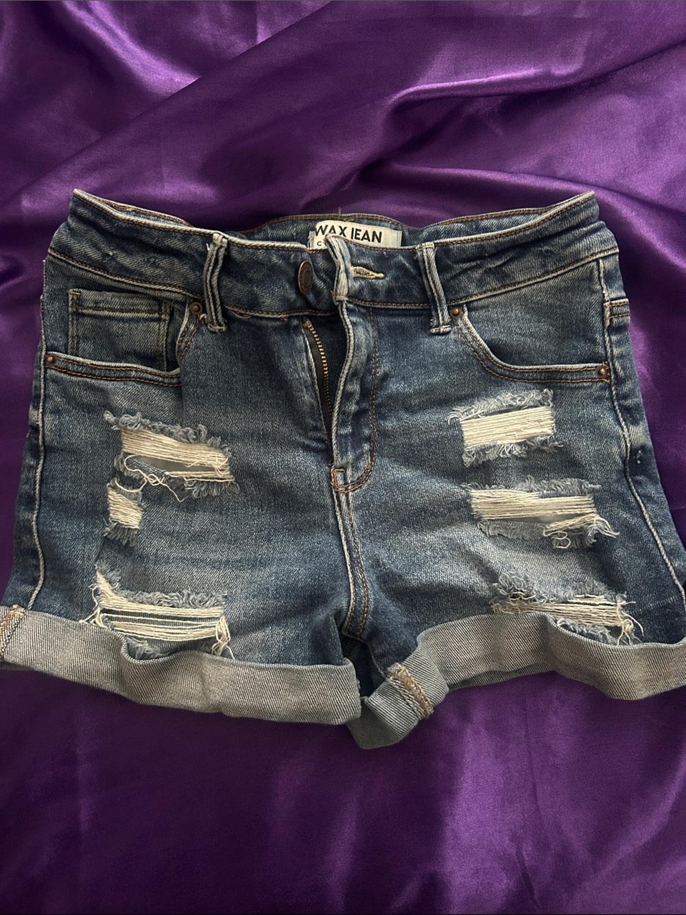Wax Jean Distressed Denim Shorts in Dark Blue